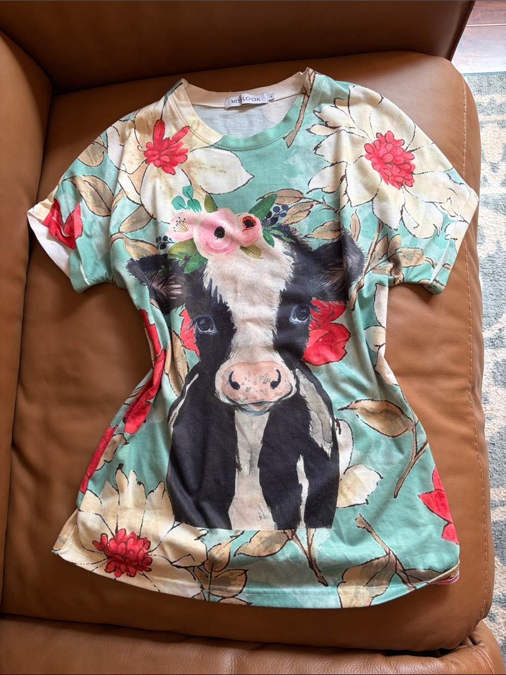 Cow Print Floral Tee - Mint with Pink Accents